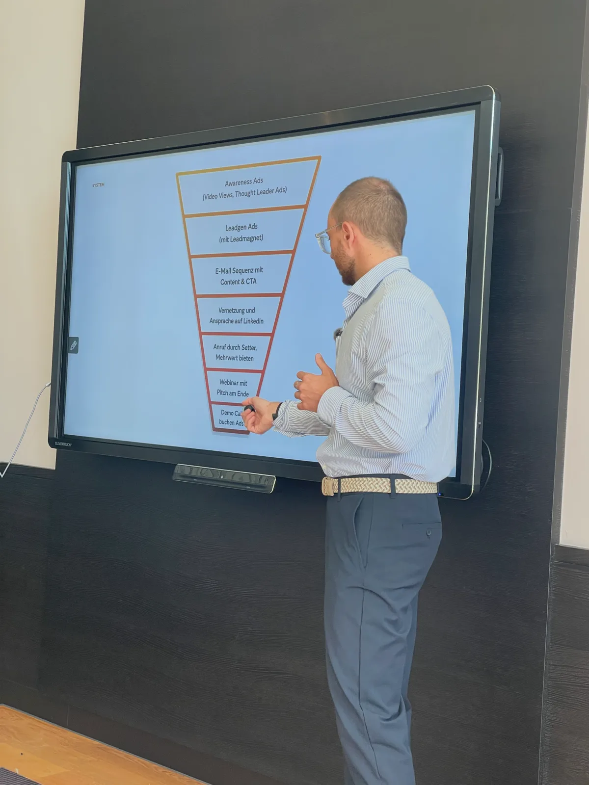 Präsentation des LinkedIn Ads-Master-Systems am Bildschirm: Awareness Ads, Leadgen Ads, E-Mail-Sequenz, Vernetzung und Ansprache auf LinkedIn, Anruf durch Setter, Webinar mit Pitch, Demo Call buchen